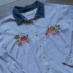 Basic Edition Floral Farm Button Down Long‎ Sleeve Shirt Striped, Denim Collar L